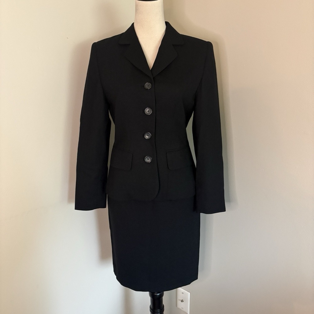 VTG 90s Lord & Taylor Black Skirt Suit 2P Pure New Wool American Petite Pristine